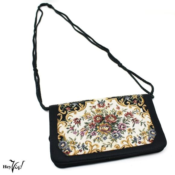Vintage Magid Tapestry Floral Black Clutch or Shoulder Bag 8x5 – Hey Viv - Picture 2 of 7